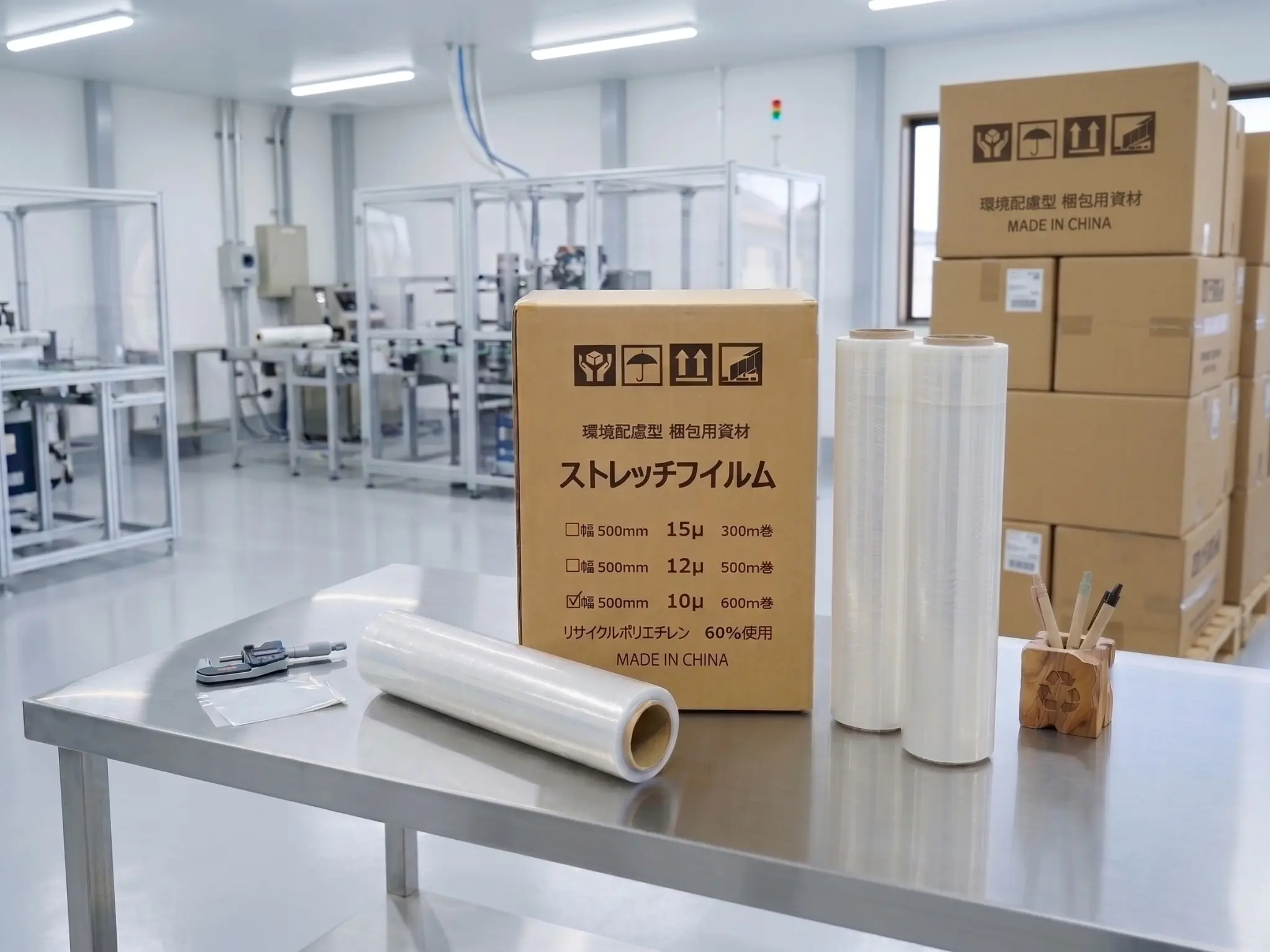 再生材60％使用ストレッチフィルムと製品パッケージ